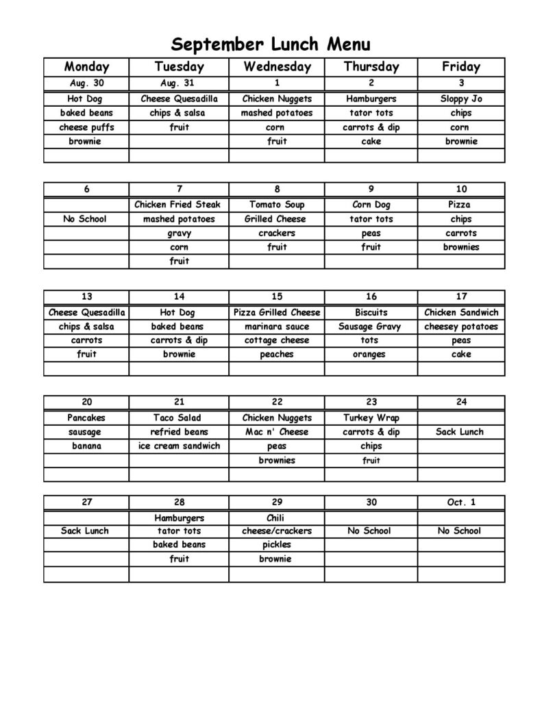 Lunch Menu | Westfair Christian Academy - Jacksonville IL