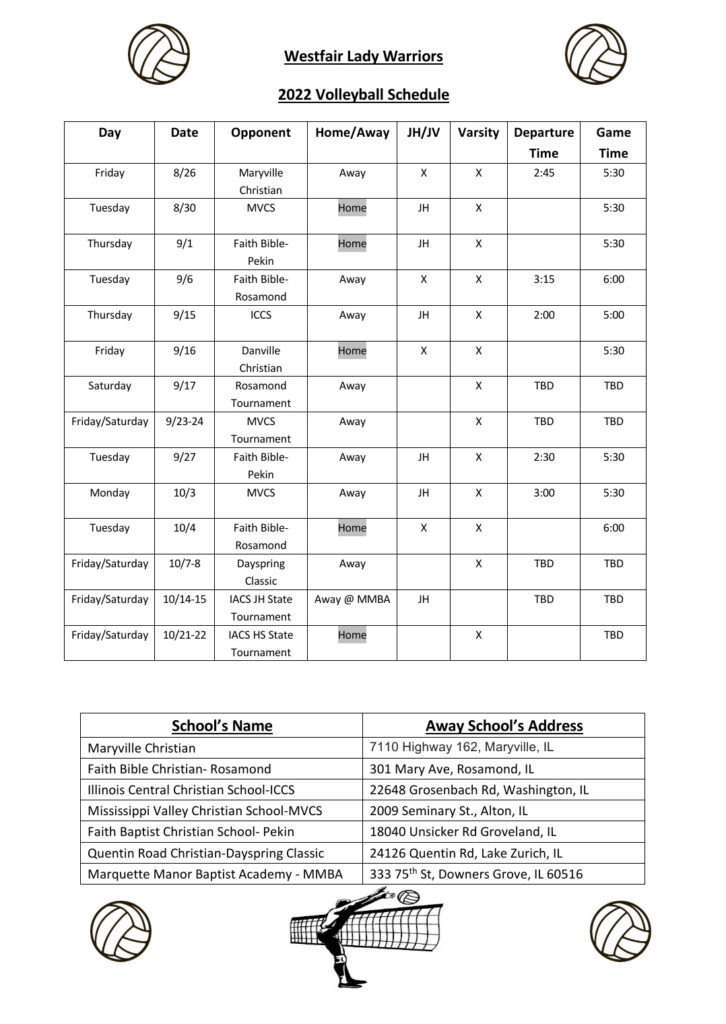 Volleyball Schedule Westfair Christian Academy Jacksonville IL