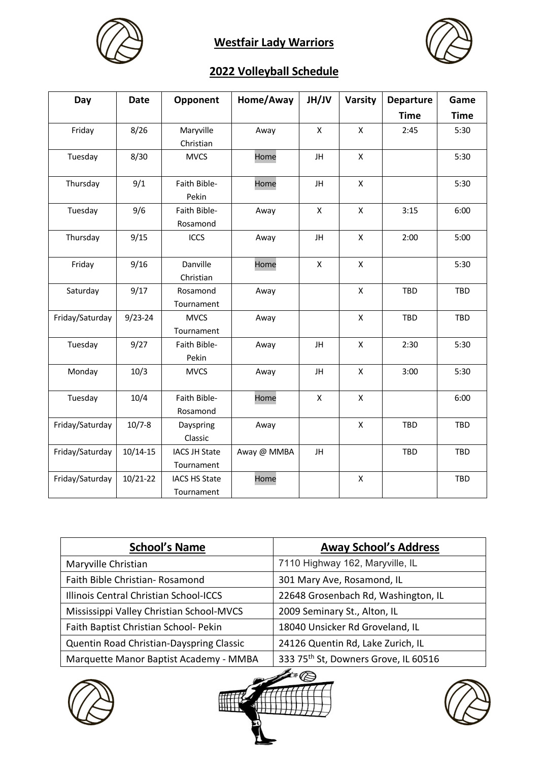 Volleyball Schedule Westfair Christian Academy Jacksonville IL