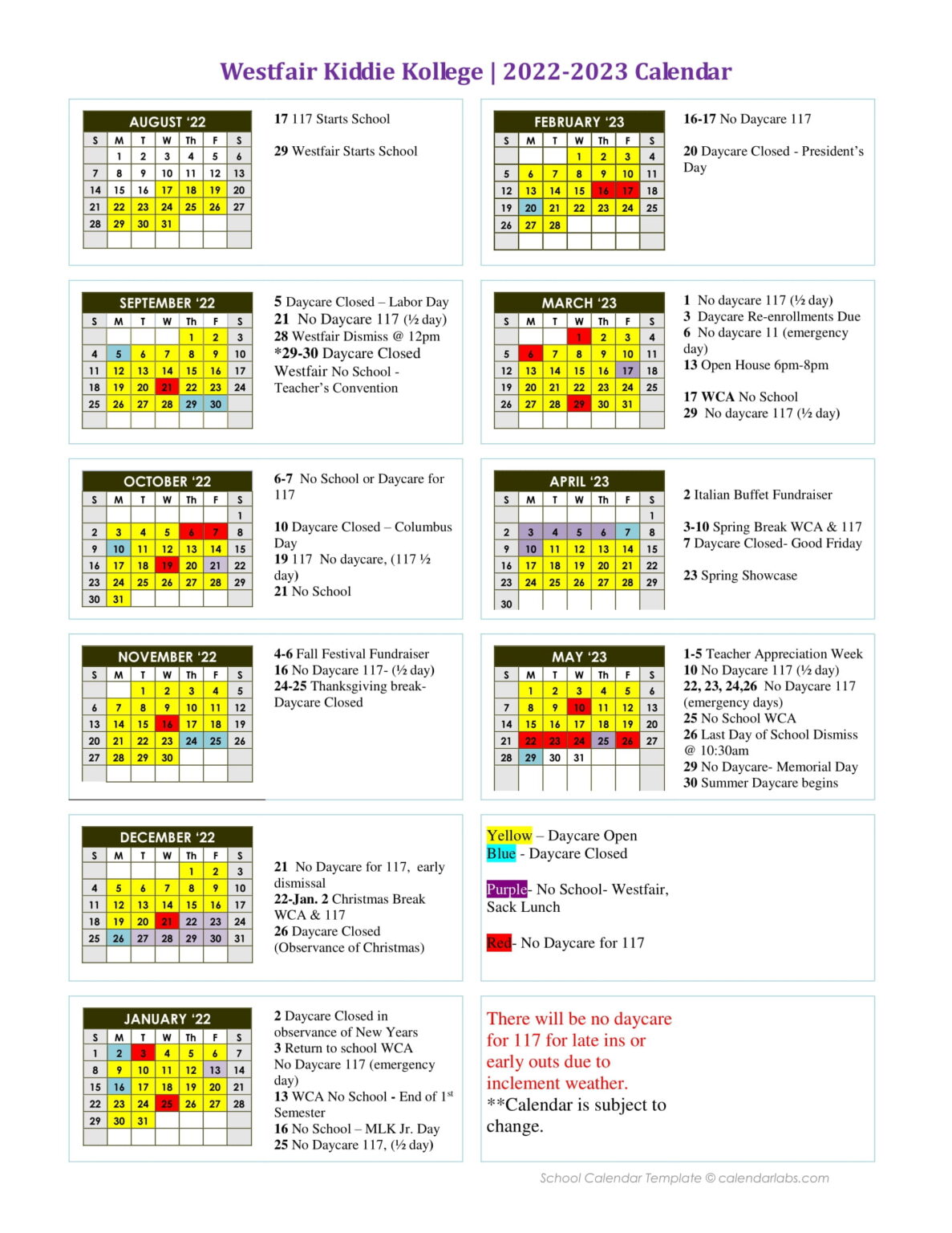 Daycare Calendar | Westfair Christian Academy - Jacksonville IL