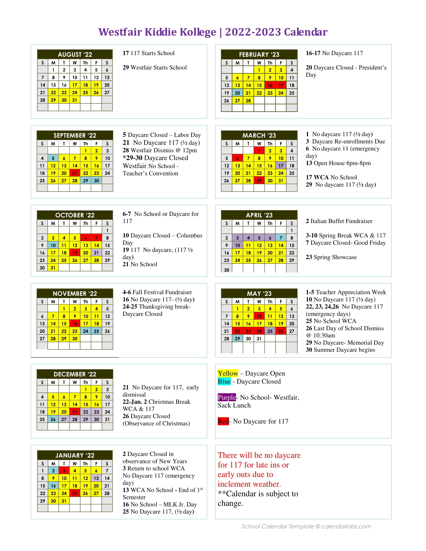 Daycare Calendar | Westfair Christian Academy - Jacksonville IL