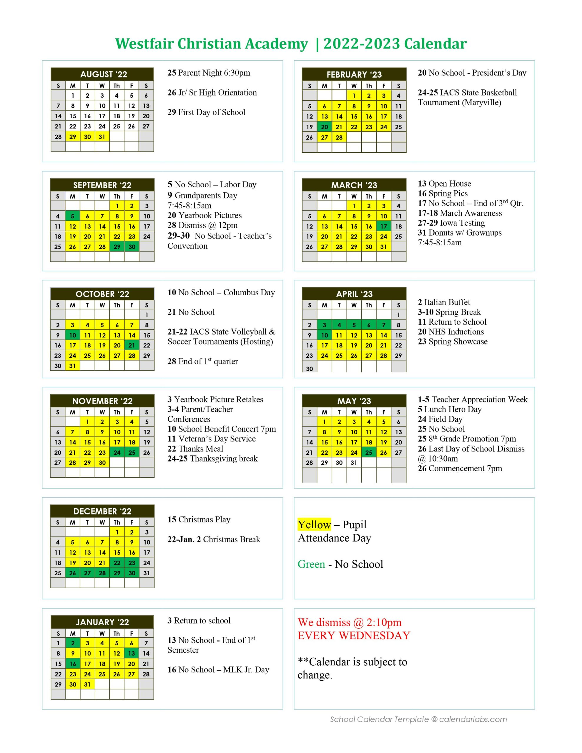 Calendar Westfair Christian Academy Jacksonville IL