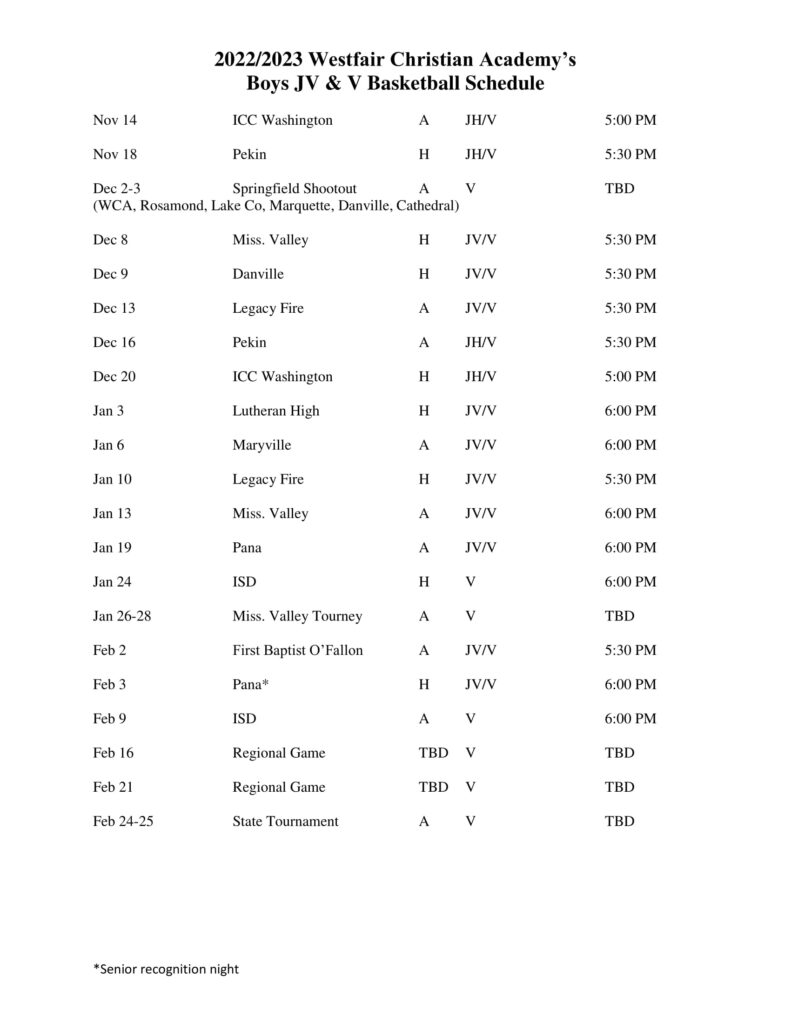 Basketball Schedule Westfair Christian Academy Jacksonville IL