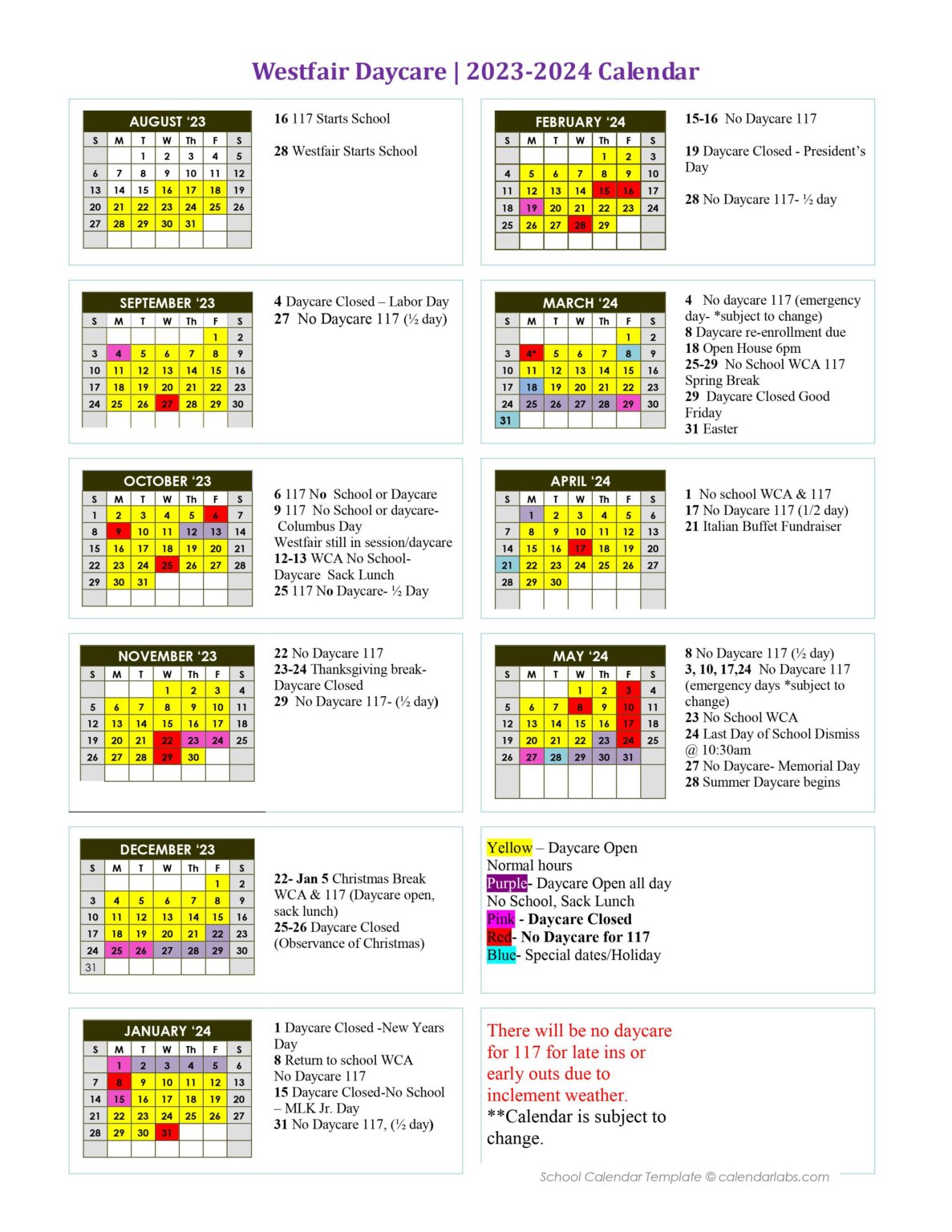 Daycare Calendar | Westfair Christian Academy - Jacksonville IL